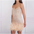Pink Feather Sequin Mini Elegant Dress Spaghetti Straps Glam Cocktail Night Out Party Dress - Lolly 