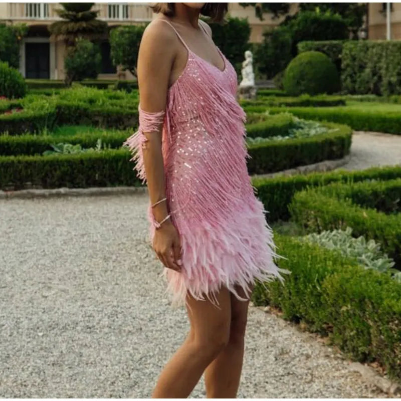 Pink Feather Sequin Mini Elegant Dress Spaghetti Straps Glam Cocktail Night Out Party Dress - Lolly 