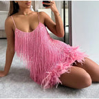 Pink Feather Sequin Mini Elegant Dress Spaghetti Straps Glam Cocktail Night Out Party Dress - Lolly 