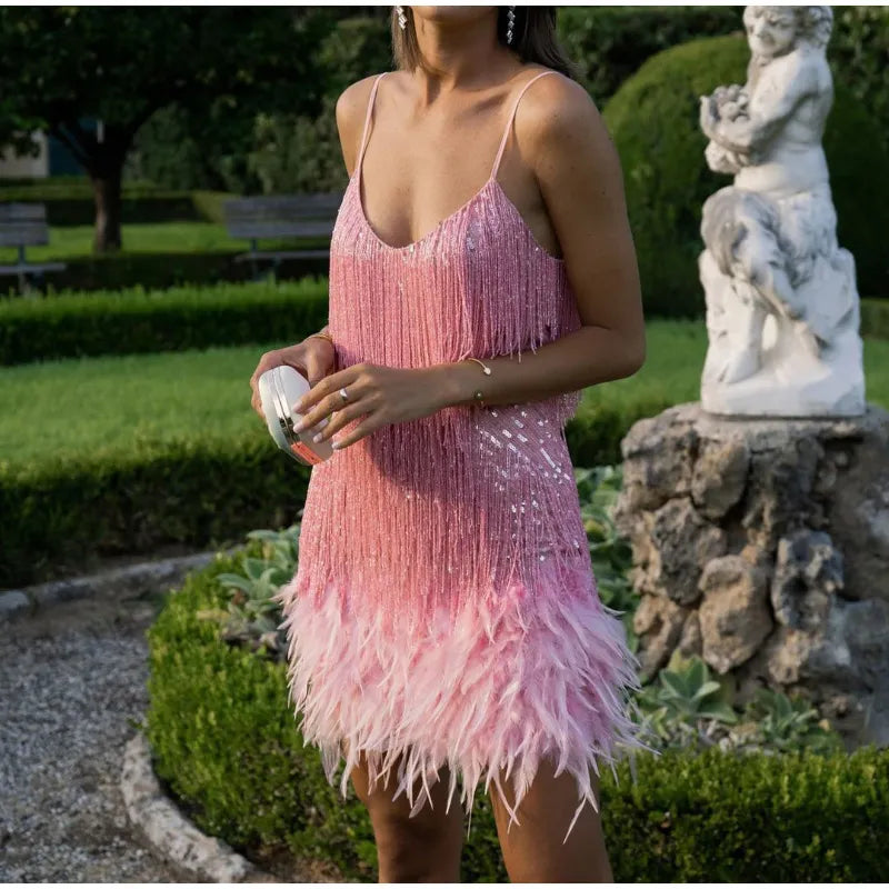 Pink Feather Sequin Mini Elegant Dress Spaghetti Straps Glam Cocktail Night Out Party Dress - Lolly 