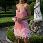 Pink Feather Sequin Mini Elegant Dress Spaghetti Straps Glam Cocktail Night Out Party Dress - Lolly 