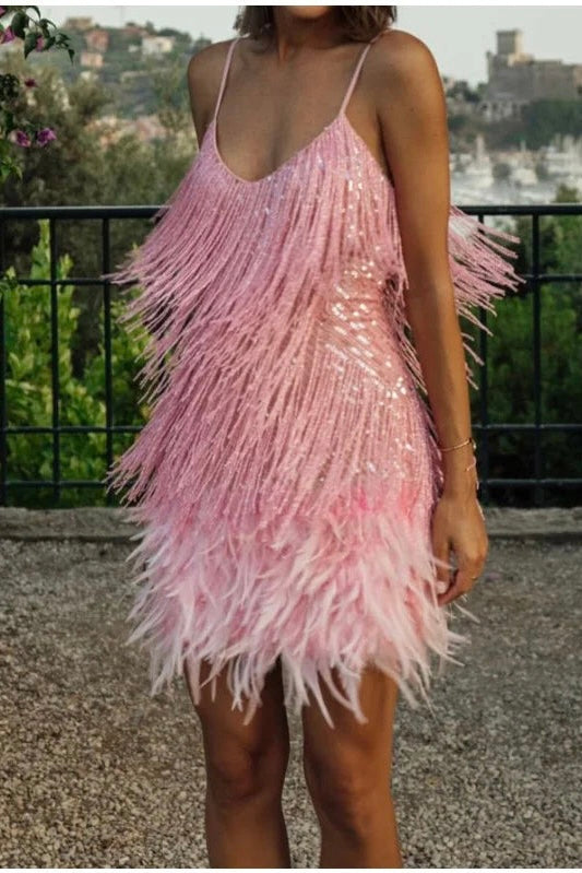 Pink Feather Sequin Mini Elegant Dress Spaghetti Straps Glam Cocktail Night Out Party Dress - Lolly 