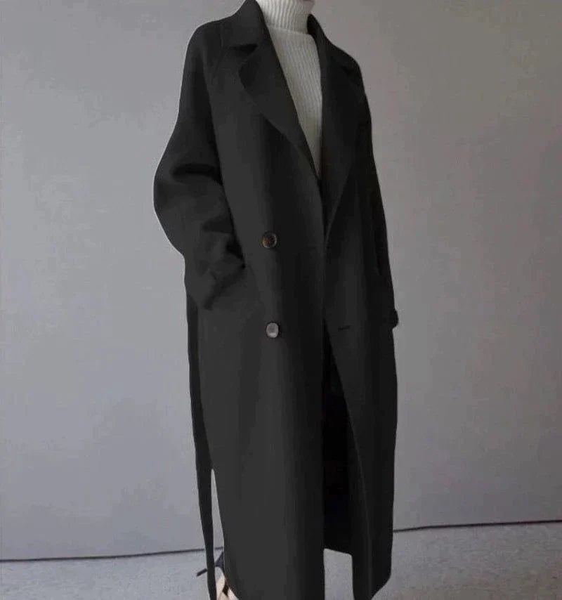 Women Coat Longline Double-Breasted Belted with Notched Lapel - Lolly 