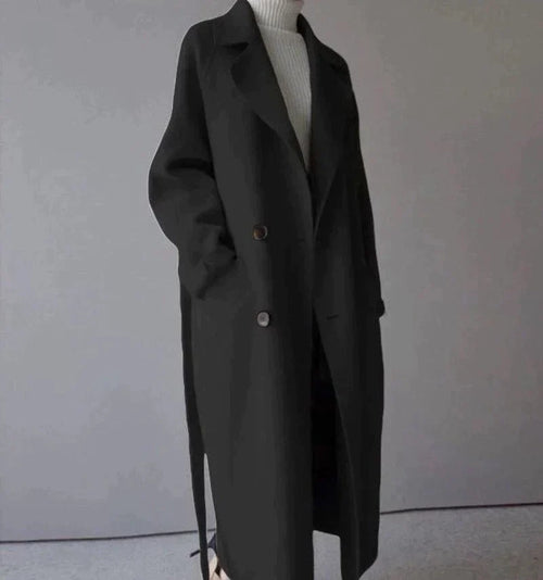 Women Coat Longline Double-Breasted Belted with Notched Lapel - Lolly 