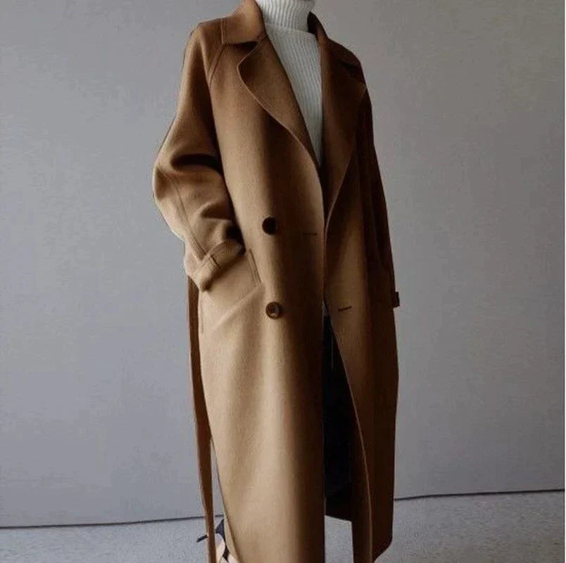 Women Coat Longline Double-Breasted Belted with Notched Lapel - Lolly 