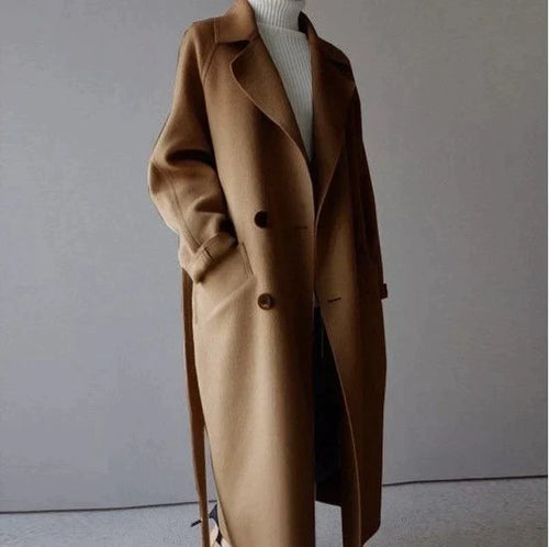 Women Coat Longline Double-Breasted Belted with Notched Lapel - Lolly 