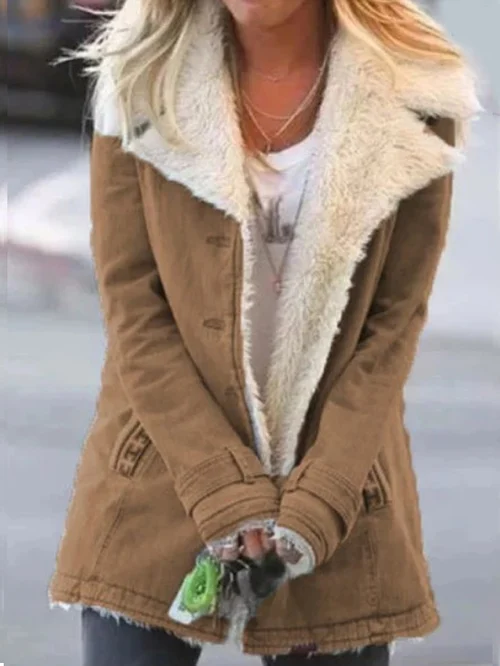 Women Coat with Sherpa Lapel Collar and Long Sleeves - Lolly 