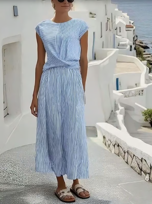 Women's 100% Belgian Linen Midi Dress Twisted Front Detail Short Sleeve Round Neck Casual Summer Beach Vacation Mediterranean Everyday – Casa Lino - Lolly 