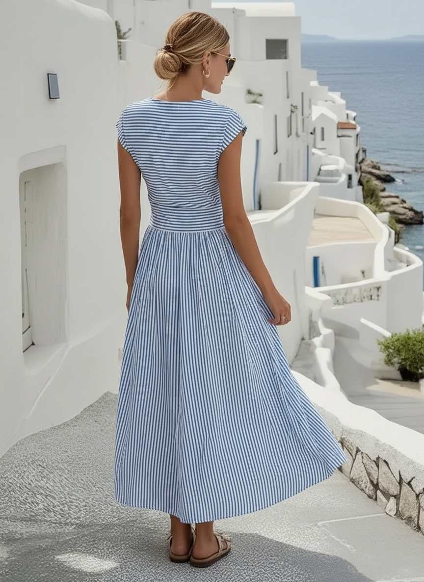 Women's 100% Belgian Linen Midi Dress Twisted Front Detail Short Sleeve Round Neck Casual Summer Beach Vacation Mediterranean Everyday – Casa Lino - Lolly 