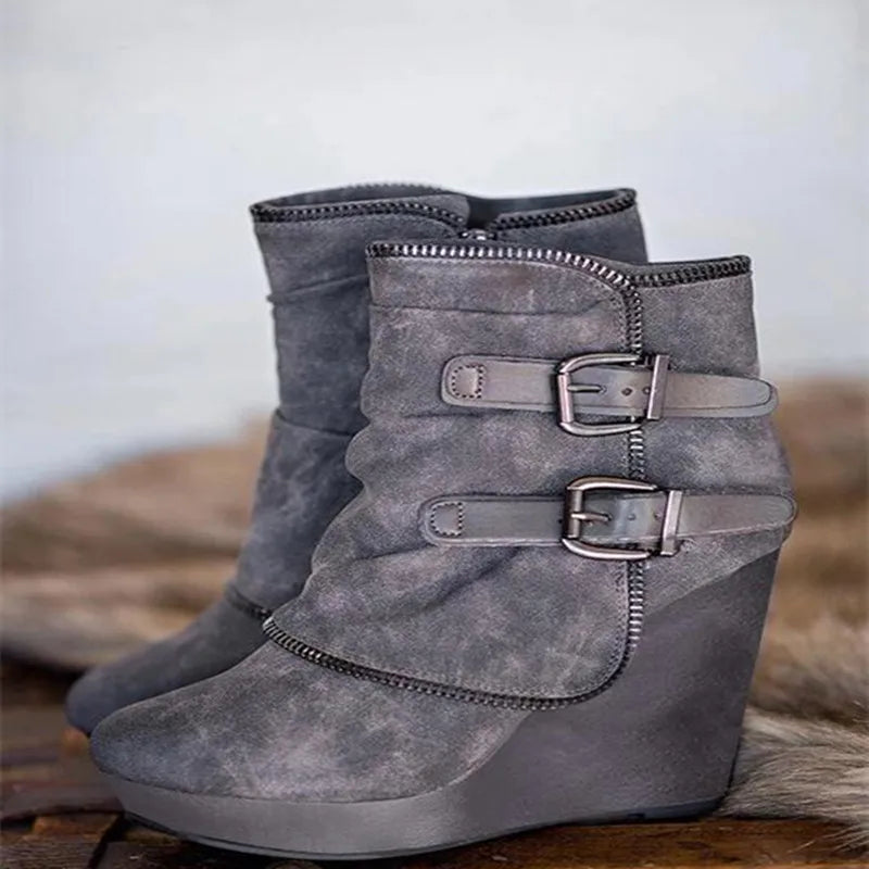 Women's Ankle Boots Wedge Heel with Platform Double Buckle Straps - Lolly 