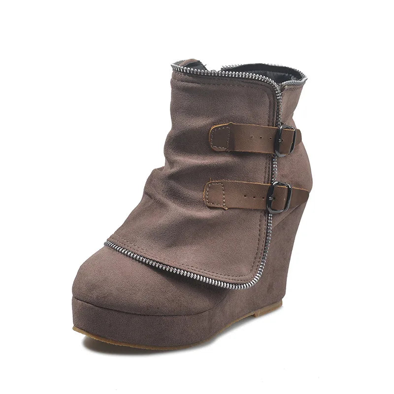 Women's Ankle Boots Wedge Heel with Platform Double Buckle Straps - Lolly 
