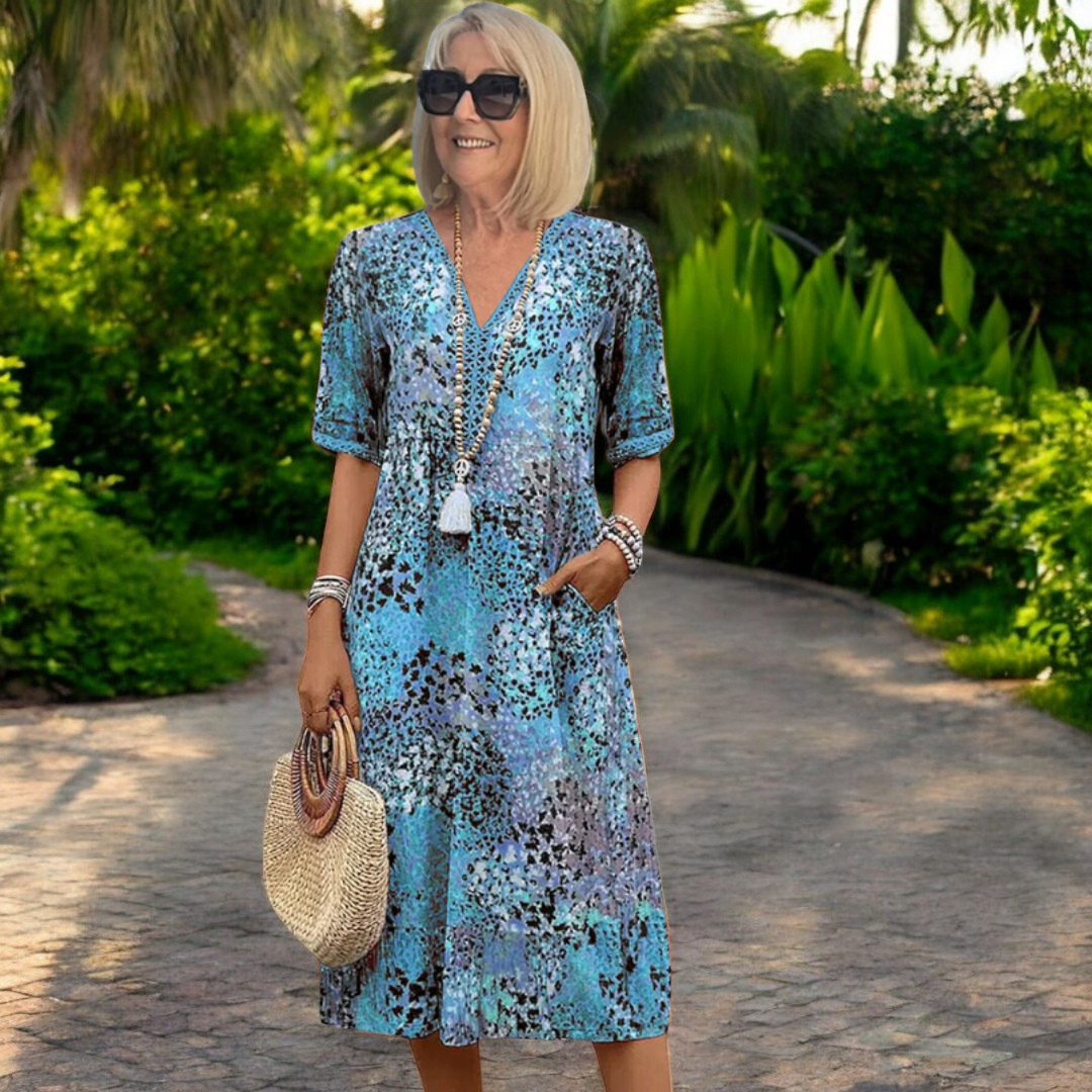 Women's Artistic Mosaic Floral Print V-Neck Midi Dress Mid Sleeve Side Pockets Side Slit Casual Summer Garden Vacation Everyday – Karen - Lolly 