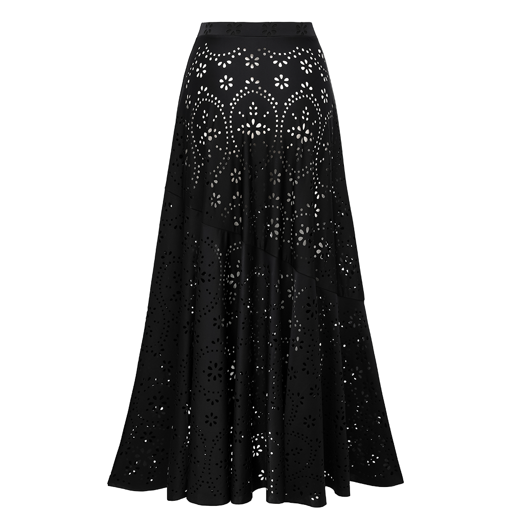Women's Black Laser Cut Hollow-Out One-Piece Swimsuit & Long Skirt Set Scalloped V-Neck Beach Vacation Resort Pool Party Cruise – Black - Lolly 