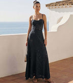 Women's Black Laser Cut Hollow-Out One-Piece Swimsuit & Long Skirt Set Scalloped V-Neck Beach Vacation Resort Pool Party Cruise – Black - Lolly 
