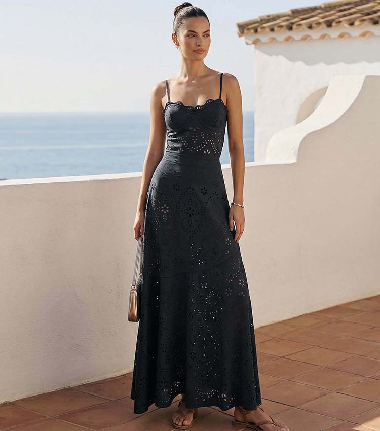 Women's Black Laser Cut Hollow-Out One-Piece Swimsuit & Long Skirt Set Scalloped V-Neck Beach Vacation Resort Pool Party Cruise – Black - Lolly 