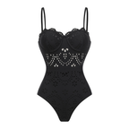 Women's Black Laser Cut Hollow-Out One-Piece Swimsuit & Long Skirt Set Scalloped V-Neck Beach Vacation Resort Pool Party Cruise – Black - Lolly 