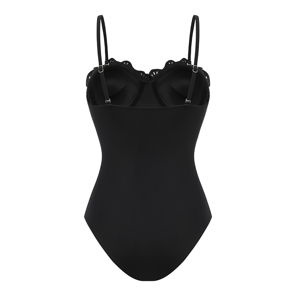 Women's Black Laser Cut Hollow-Out One-Piece Swimsuit & Long Skirt Set Scalloped V-Neck Beach Vacation Resort Pool Party Cruise – Black - Lolly 
