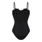 Women's Black Laser Cut Hollow-Out One-Piece Swimsuit & Long Skirt Set Scalloped V-Neck Beach Vacation Resort Pool Party Cruise – Black - Lolly 
