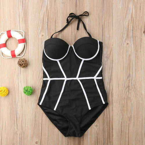 Women's Black White Boho One-Piece Swimsuit Push-Up Strapless Halter Versatile Sculpting Beach Summer Swimwear – Black White - Lolly 