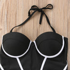 Women's Black White Boho One-Piece Swimsuit Push-Up Strapless Halter Versatile Sculpting Beach Summer Swimwear – Black White - Lolly 