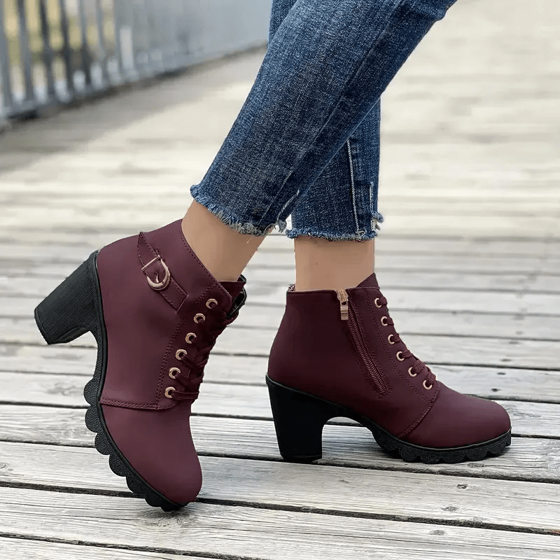 Women's Block Heel Ankle Boots Lace-Up Buckle Detail Combat Style - Lolly 