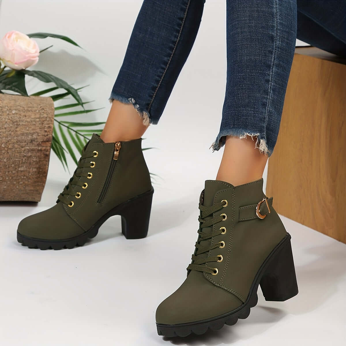 Women's Block Heel Ankle Boots Lace-Up Buckle Detail Combat Style - Lolly 