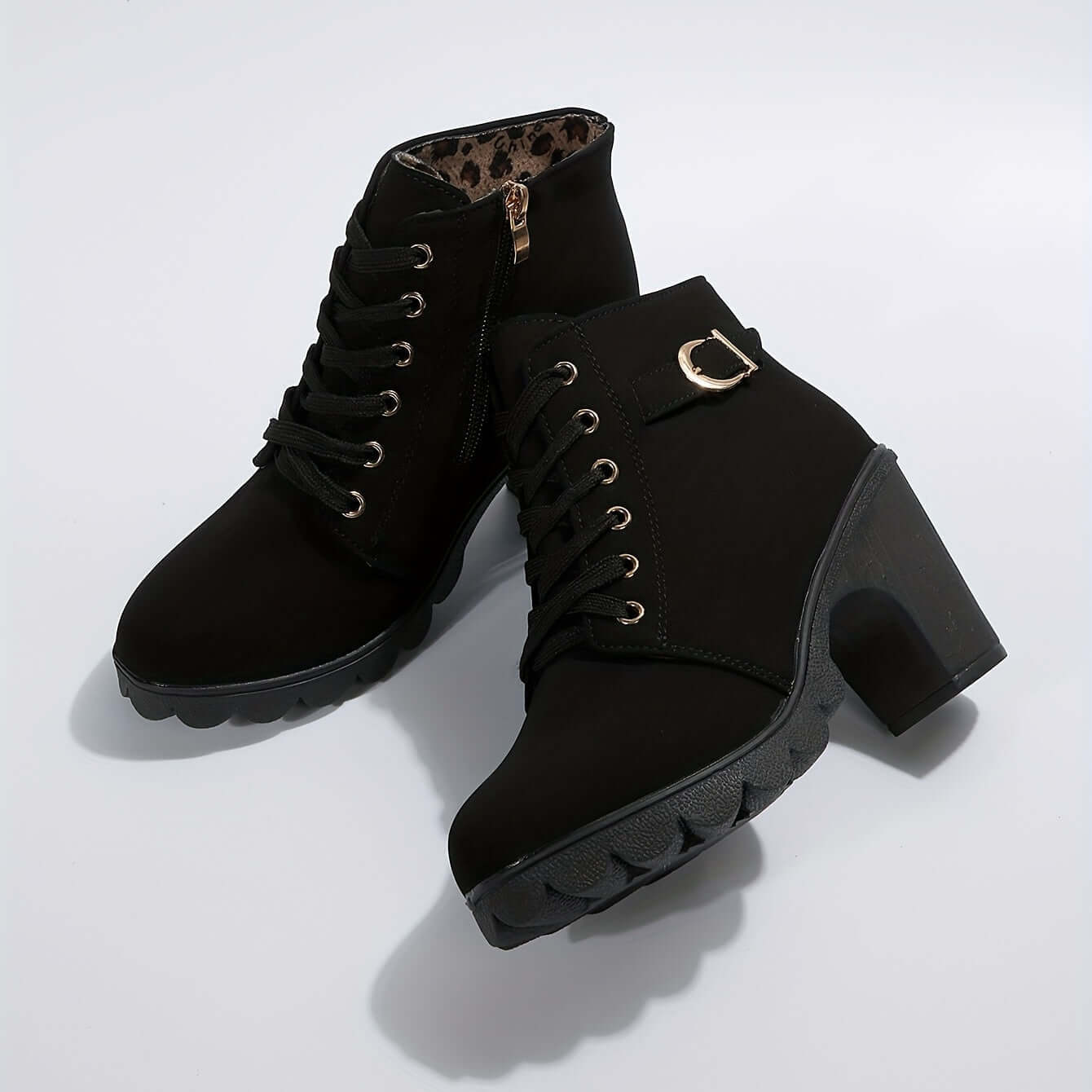 Women's Block Heel Ankle Boots Lace-Up Buckle Detail Combat Style - Lolly 