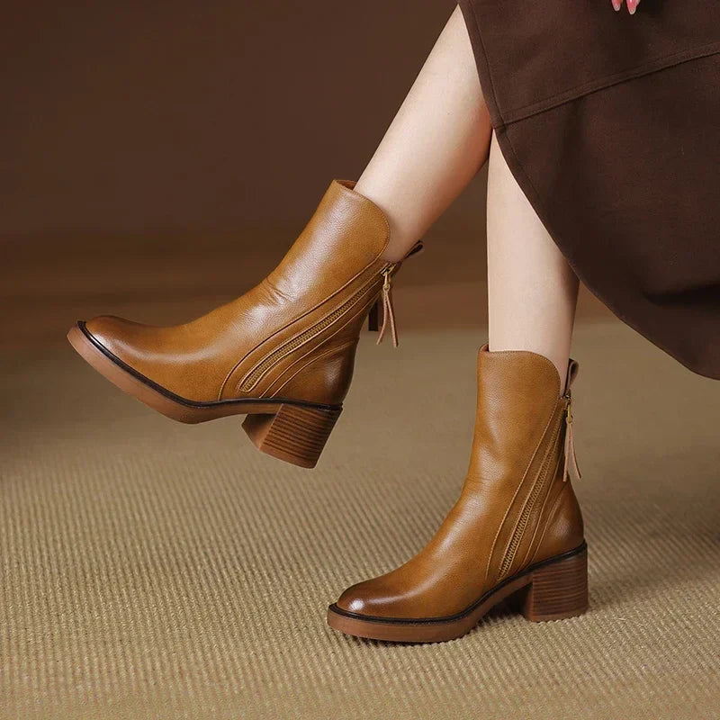 Women's Block Heel Ankle Boots Side Zipper Mid-Calf Casual Fall Winter - Lolly 
