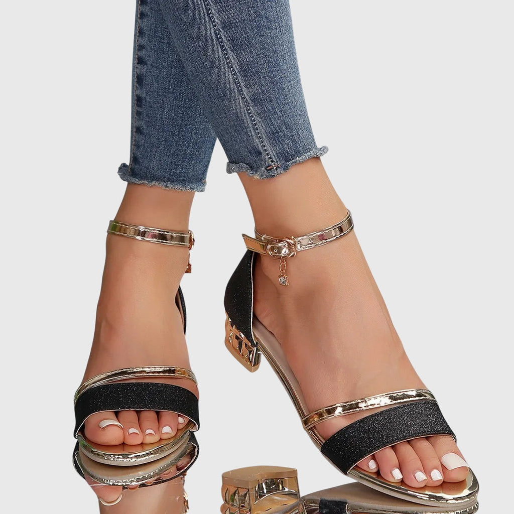 Women's Block Heel Sandals Ankle Strap Glitter Open Toe Evening Party - Lolly 