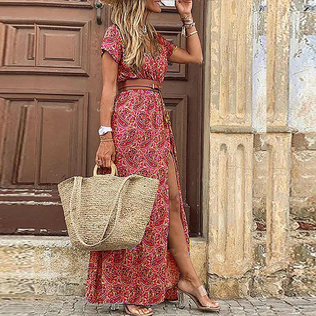 Women's Bohemian Floral Long Dress V-Neck Wrap Style Long Sleeve Casual Summer Beach Vacation Travel Wedding Guest Garden Party – Lucila - Lolly 