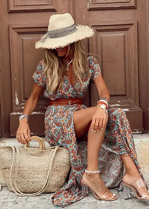 Women's Bohemian Floral Long Dress V-Neck Wrap Style Long Sleeve Casual Summer Beach Vacation Travel Wedding Guest Garden Party – Lucila - Lolly 