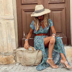 Women's Bohemian Floral Long Dress V-Neck Wrap Style Long Sleeve Casual Summer Beach Vacation Travel Wedding Guest Garden Party – Lucila - Lolly 