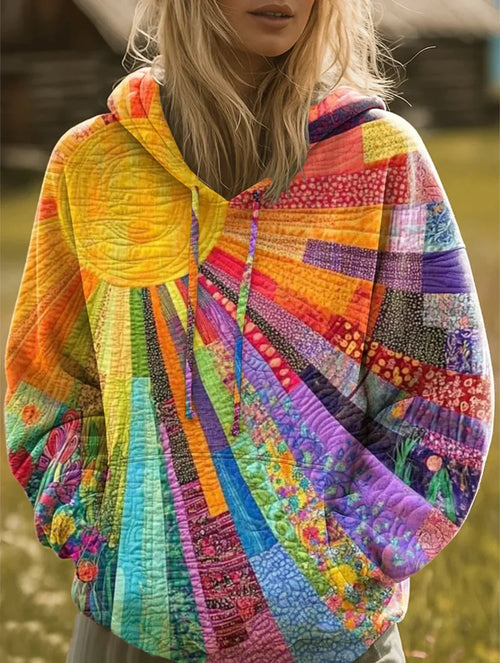 Women's Bohemian Multicolor Patchwork Sun Print Hoodie Cotton Blend Oversized Casual Festival Street Style Everyday Layering – Laura - Lolly 