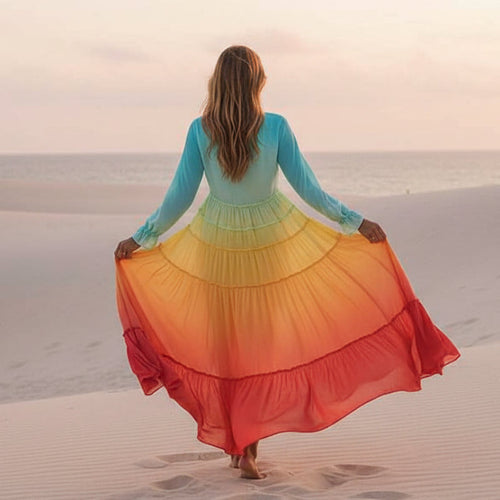 Women's Bohemian Rainbow Tiered Long Dress Flowy Layers V-Neck Long Sleeve Casual Summer Festival Dress – Multicolor - Lolly 