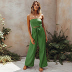 Women's Bohemian Strapless Backless Wide Leg Jumpsuit Casual Summer Beach Wedding Guest Garden Party Boho – White Green Beige - Lolly 