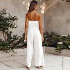 Women's Bohemian Strapless Backless Wide Leg Jumpsuit Casual Summer Beach Wedding Guest Garden Party Boho – White Green Beige - Lolly 