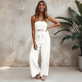 Women's Bohemian Strapless Backless Wide Leg Jumpsuit Casual Summer Beach Wedding Guest Garden Party Boho – White Green Beige - Lolly 