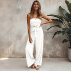 Women's Bohemian Strapless Backless Wide Leg Jumpsuit Casual Summer Beach Wedding Guest Garden Party Boho – White Green Beige - Lolly 