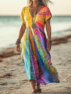 Women's Bohemian Sun Design Maxi Dress Long Sleeve V-Neck Colorful Patchwork Print Casual Summer Festival Travel Beach Vacation Everyday – Solara - Lolly 