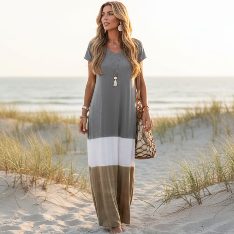 Women's Boho Color Block Loose Long Dress Casual Everyday Beach Vacation Summer Flowy Comfortable – Grey White Olive Red Yellow Green - Lolly 