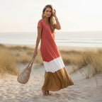 Women's Boho Color Block Loose Long Dress Casual Everyday Beach Vacation Summer Flowy Comfortable – Grey White Olive Red Yellow Green - Lolly 