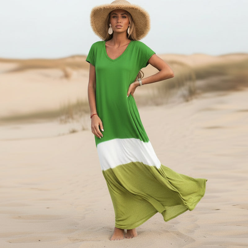 Women's Boho Color Block Loose Long Dress Casual Everyday Beach Vacation Summer Flowy Comfortable – Grey White Olive Red Yellow Green - Lolly 