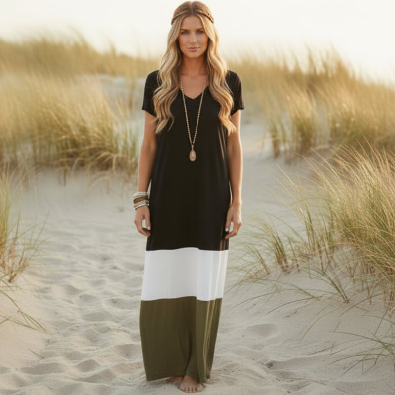 Women's Boho Color Block Loose Long Dress Casual Everyday Beach Vacation Summer Flowy Comfortable – Grey White Olive Red Yellow Green - Lolly 
