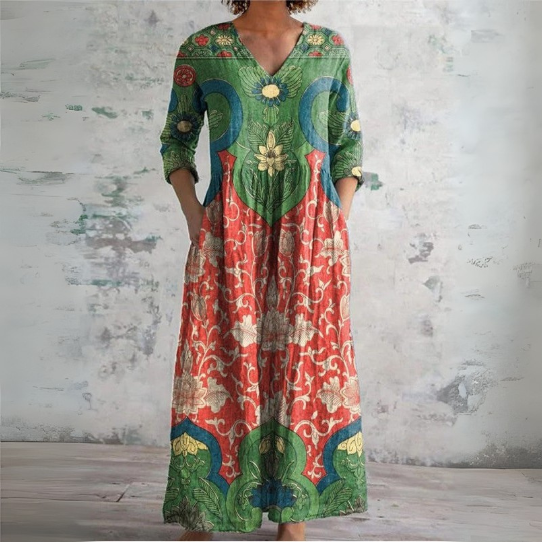 Women's Boho Floral Maxi Dress Ethnic Print V-Neck Long Sleeve Casual Summer - Lolly 