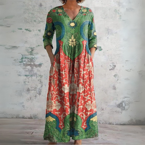 Women's Boho Floral Maxi Dress Ethnic Print V-Neck Long Sleeve Casual Summer - Lolly 