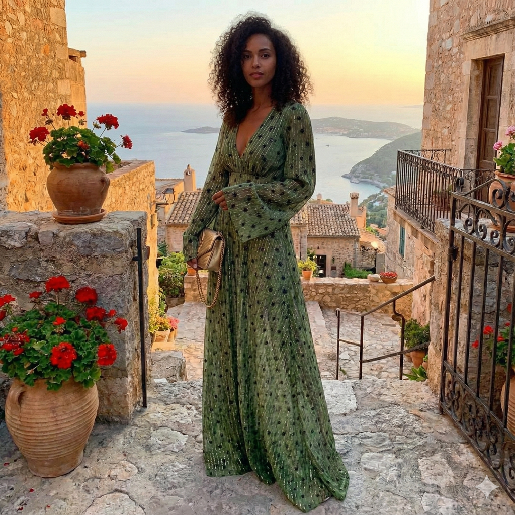 Women's Boho Flowy V-Neck Long Sleeve Shimmer Dot Long Dress Formal Beach Vacation Wedding Guest Garden Summer Sunset Dinner Resort – Esmeralda - Lolly 