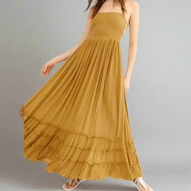 Women's Boho Hippie Backless Halter Long Dress Cotton Rayon Strappy Waterfall Skirt Wedding Guest Party Summer Dress – Multicolor - Lolly 