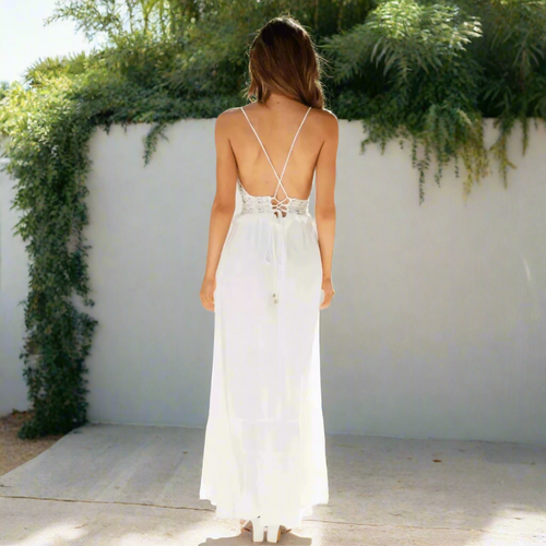 Women's Boho Lace Hollow-Out Long Dress Spaghetti Strap A-Line Flowy  Summer Casual Dress – White - Lolly 