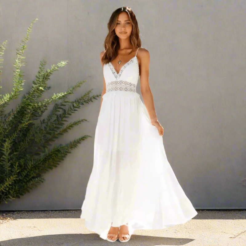 Women's Boho Lace Hollow-Out Long Dress Spaghetti Strap A-Line Flowy  Summer Casual Dress – White - Lolly 