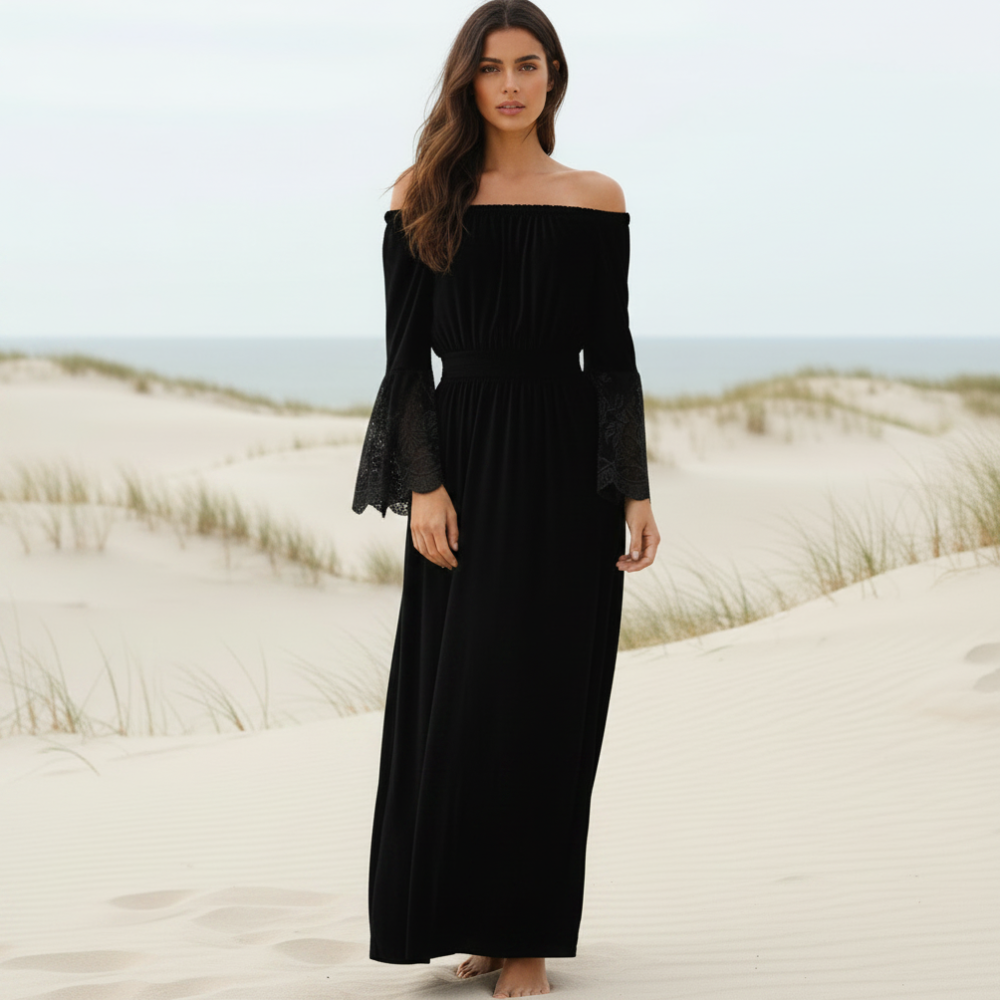Women's Boho Lace Off-Shoulder Long Dress Long Sleeve Flared Beach Summer Dress – White Black - Lolly 